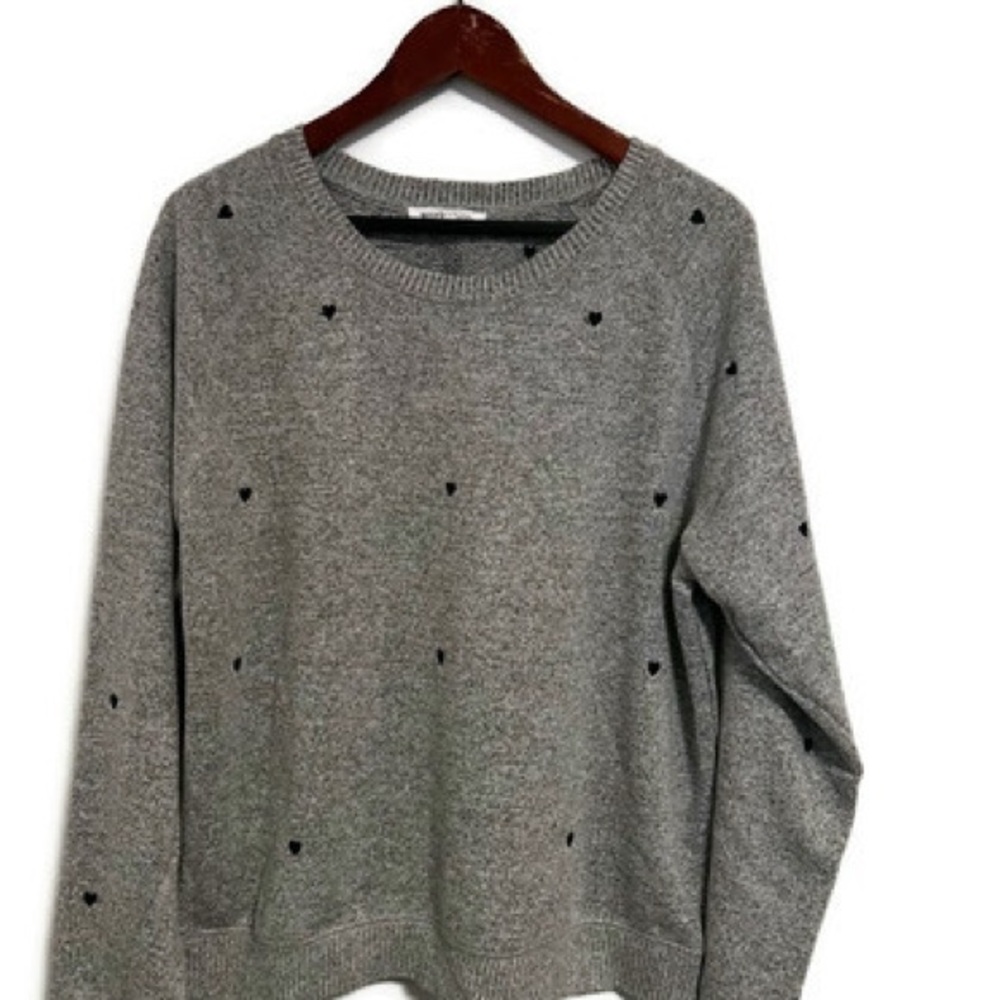 Workshop Republic Clothing , heather gray crew neck sweater, embroidered hearts.